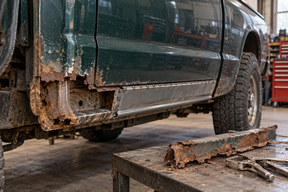 Pickup truck rocker panel rust repair in Davenport, IA