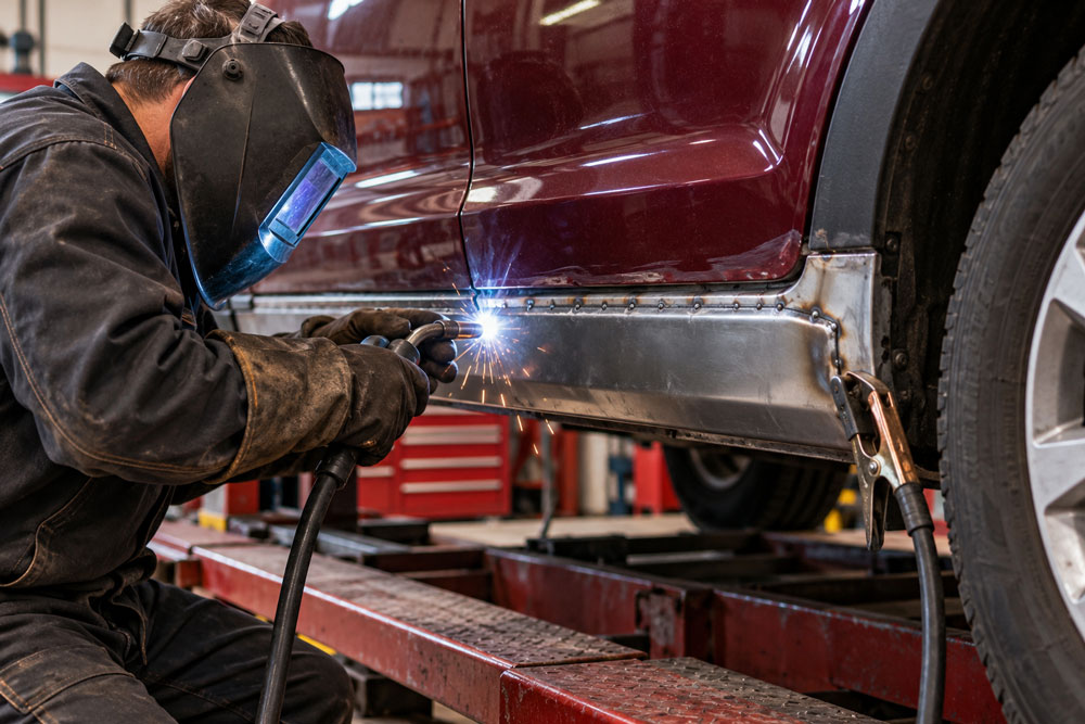 Precision MIG welding on a burgundy SUV in Davenport, IA
