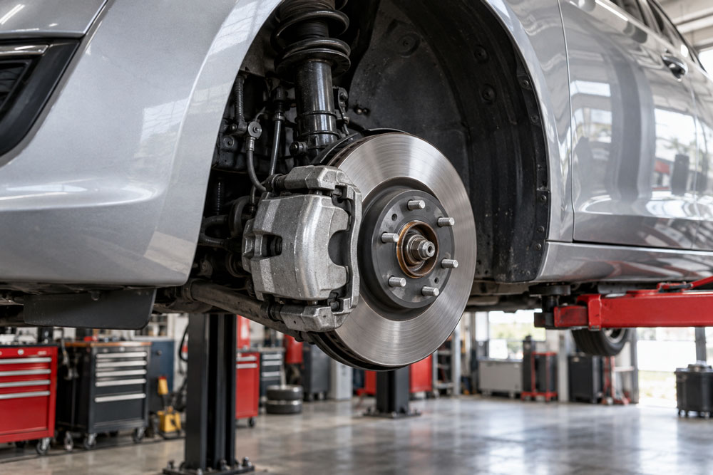 Brake repair on a silver sedan in Davenport, IA